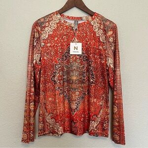 Noracora Colorful Patterned Boho Graphic Long Sleeve Top Women's Medium NWT